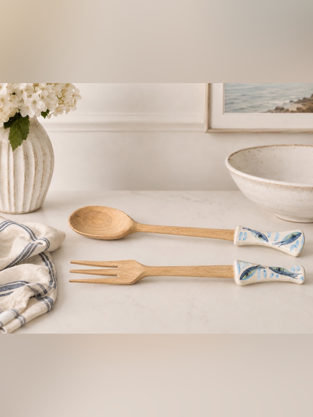Wooden Fork and Spoon Set with Painted Handles Neutral Tableware